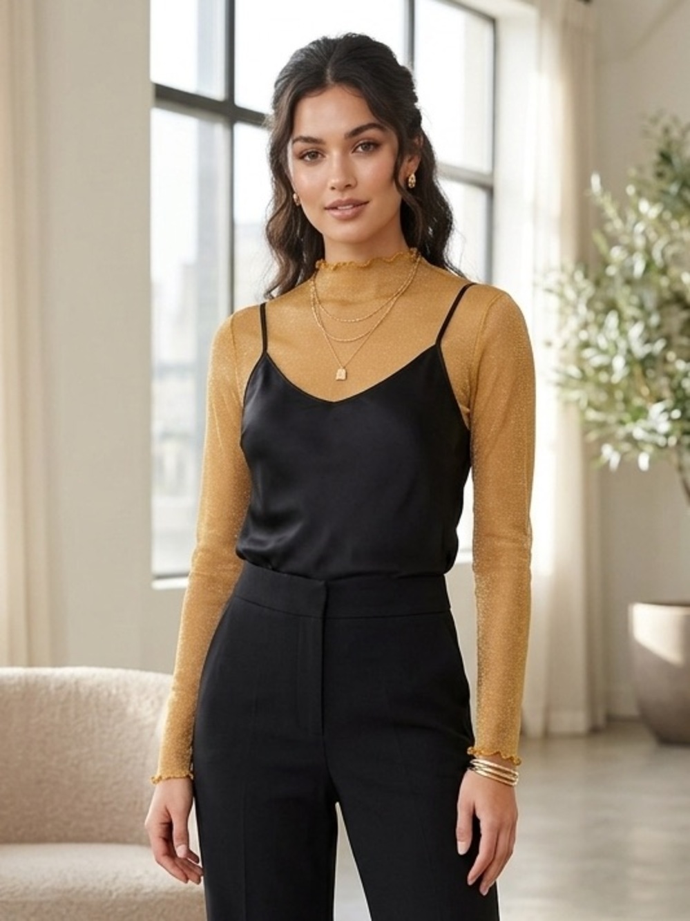 Sheer Gold Mesh Top | Mock Neck | Layering Piece | Fairy | Stretch Fit M